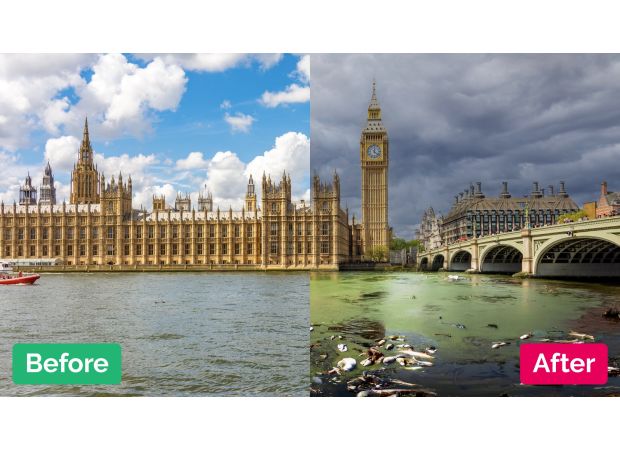 Images show dead fish floating in rivers across UK, highlighting the sewage problem.