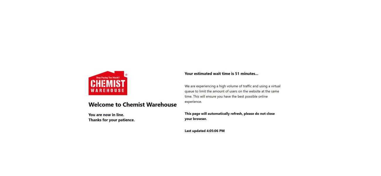 Customers waiting in virtual queue at Chemist Warehouse due to busy traffic