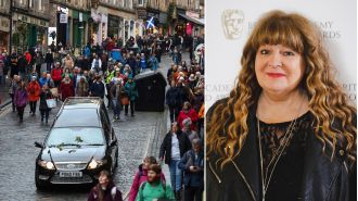 Fans in Scotland mourn as Janey Godley's coffin is driven past on its way to her funeral, with many shedding tears.