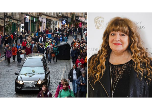 Fans in Scotland mourn as Janey Godley's coffin is driven past on its way to her funeral, with many shedding tears.