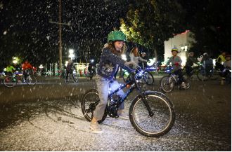 Images of bicycles at a light show in History Park.