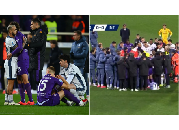 Match between Fiorentina and Inter Milan halted and players distraught as 22-year-old Edoardo Bove collapses on field.