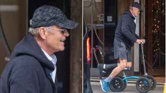 Kelsey Grammer, 69, seen happily riding a scooter due to recent foot injury.