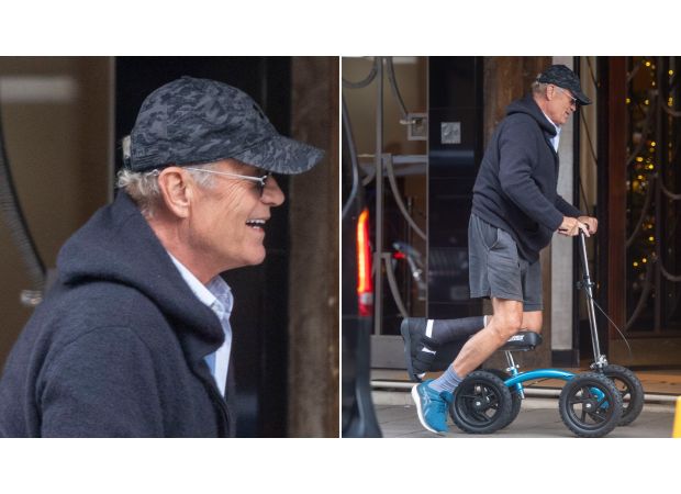 Kelsey Grammer, 69, seen happily riding a scooter due to recent foot injury.