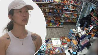 A milk bar employee bravely confronts a would-be robber armed with a paint sprayer.