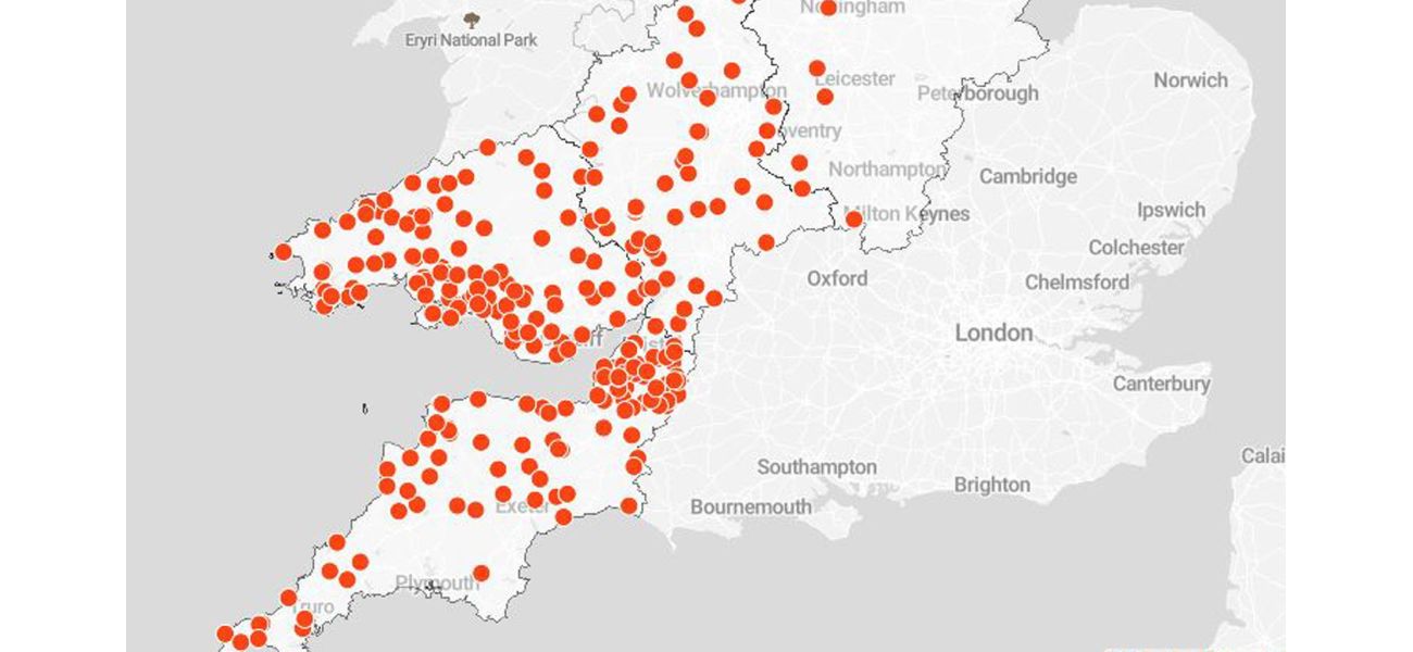 Map displaying power outages in the UK caused by Storm Darragh.