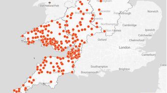 Map displaying power outages in the UK caused by Storm Darragh.