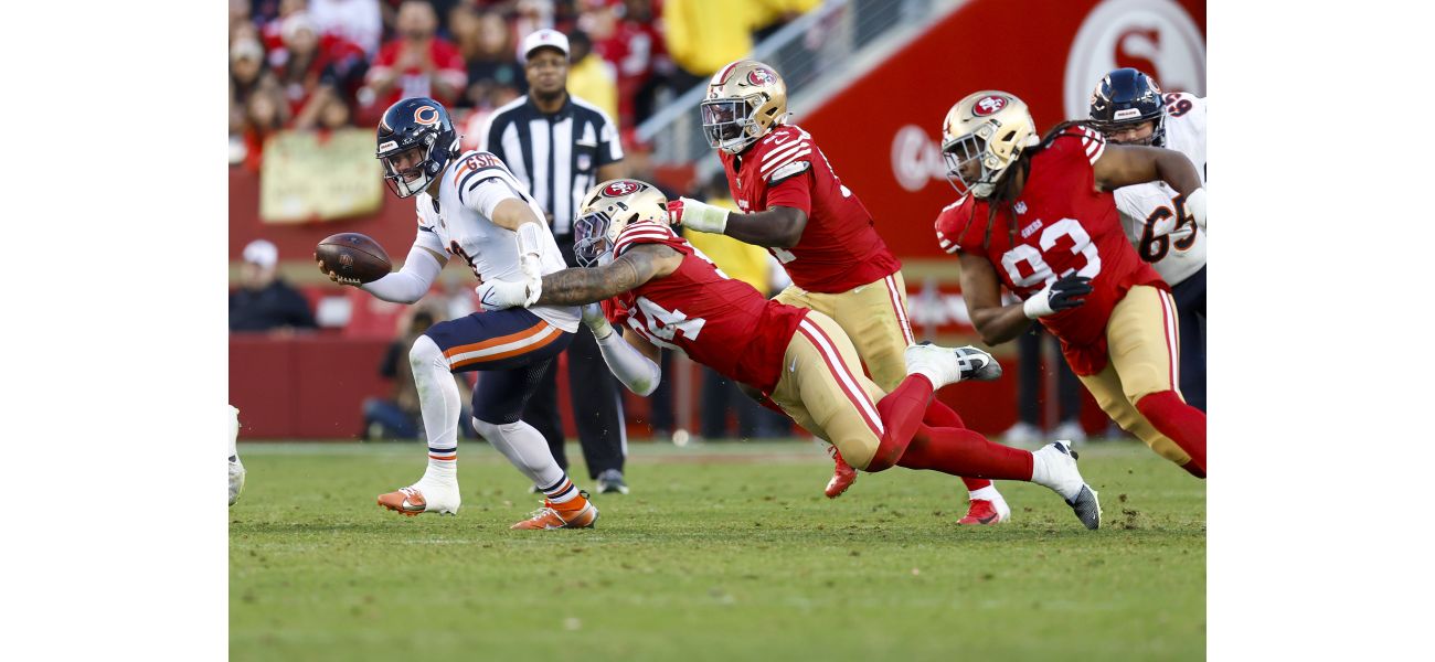 The 49ers' defensive line, missing Bosa, impressively records 6 sacks against the Bears.