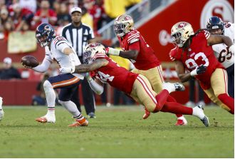 The 49ers' defensive line, missing Bosa, impressively records 6 sacks against the Bears.