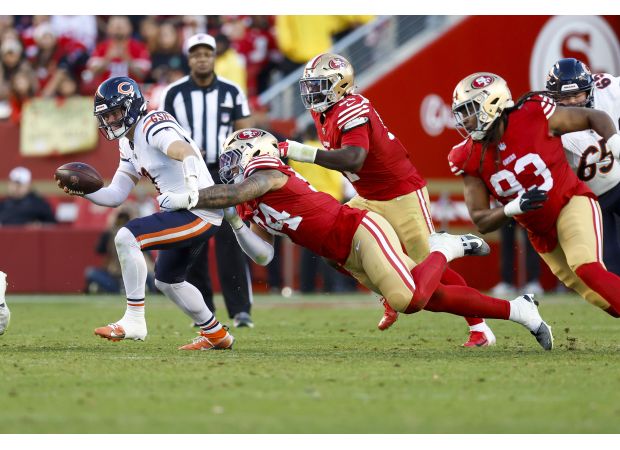 The 49ers' defensive line, missing Bosa, impressively records 6 sacks against the Bears.