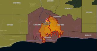 Map displays Malibu wildfire rapidly spreading and forcing residents to evacuate.
