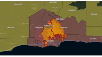 Map displays Malibu wildfire rapidly spreading and forcing residents to evacuate.