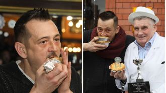 A guy sets new record by devouring meat and potato pie in just 17 seconds.