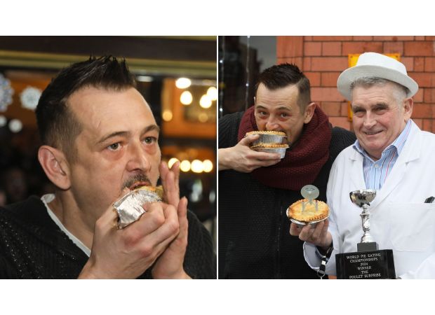 A guy sets new record by devouring meat and potato pie in just 17 seconds.