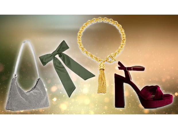 Shine bright with eye-catching accessories like earrings and hair bows for the holiday season.
