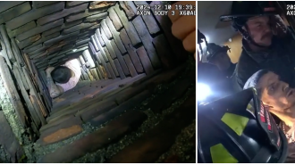 Police caught a man on bodycam trying to escape through a chimney, but getting stuck instead.