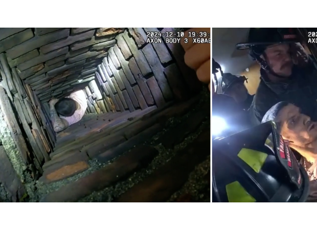 Police caught a man on bodycam trying to escape through a chimney, but getting stuck instead.