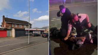 13-year-old boy allegedly assaults police officer outside chip shop.