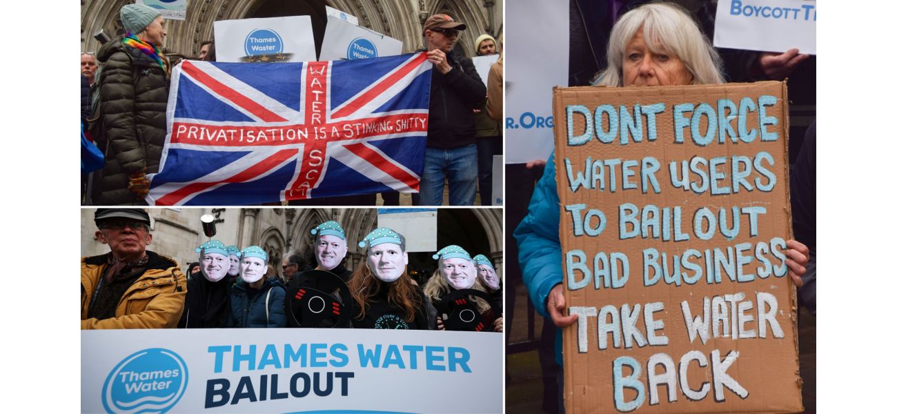 Protesters criticize Thames Water for receiving a £3 billion bailout, calling them a disgrace.