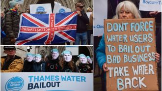 Protesters criticize Thames Water for receiving a £3 billion bailout, calling them a disgrace.