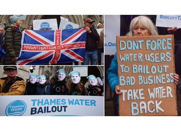 Protesters criticize Thames Water for receiving a £3 billion bailout, calling them a disgrace.