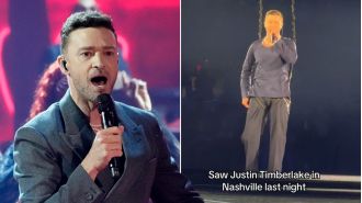 Justin Timberlake's risque clothing malfunction at a concert creates buzz on social media.