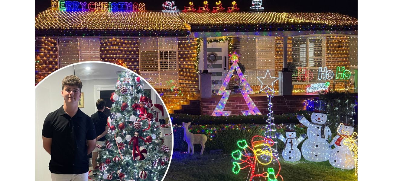 Large crowd gathers at residence to view teenager's extravagant holiday decorations totaling $5,000.