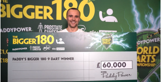Fan ecstatic after scoring £60,000 for 9-dart finish at Darts Championship.