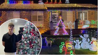 Large crowd gathers at residence to view teenager's extravagant holiday decorations totaling $5,000.