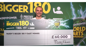 Fan ecstatic after scoring £60,000 for 9-dart finish at Darts Championship.