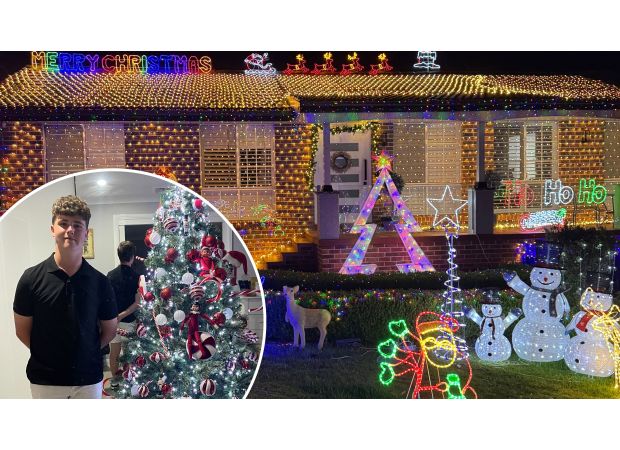 Large crowd gathers at residence to view teenager's extravagant holiday decorations totaling $5,000.