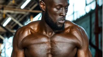 Rapper Stormzy reveals toned physique following rigorous diet and exercise regimen.