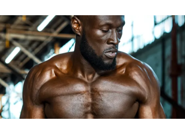 Rapper Stormzy reveals toned physique following rigorous diet and exercise regimen.