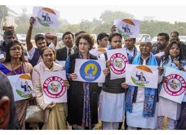 Opposition members stage demonstration at Vijay Chowk against Amit Shah over Ambedkar controversy.