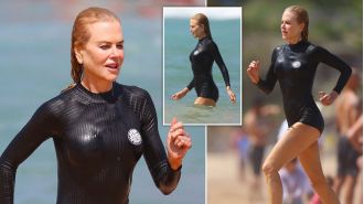 Nicole Kidman, 57, takes advantage of filming break to recreate famous baywatch scene.