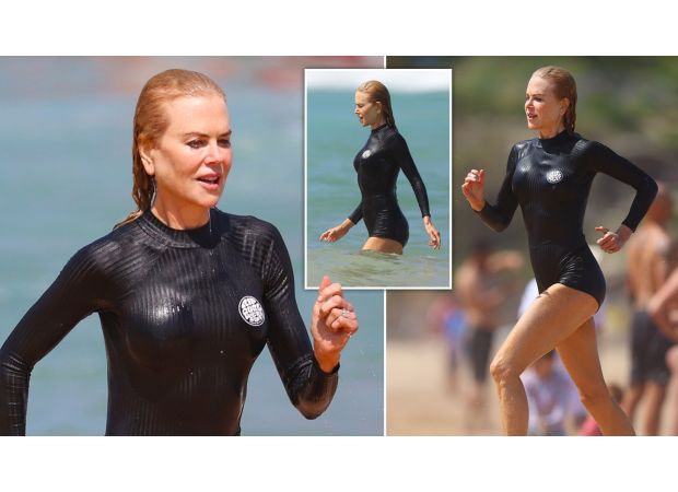 Nicole Kidman, 57, takes advantage of filming break to recreate famous baywatch scene.