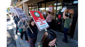 Workers at Starbucks protest and force the closure of approximately 60 stores across the United States.