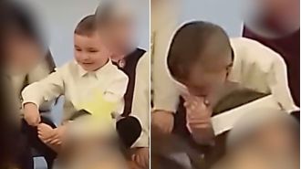 A mischievous student was caught chewing on his toenails while participating in a school Christmas play.