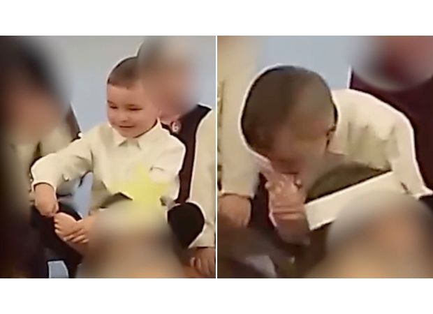 A mischievous student was caught chewing on his toenails while participating in a school Christmas play.