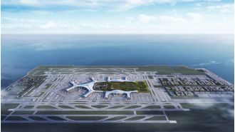 The biggest man-made island airport is emerging from the ocean.