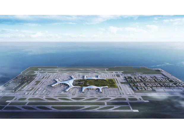 The biggest man-made island airport is emerging from the ocean.