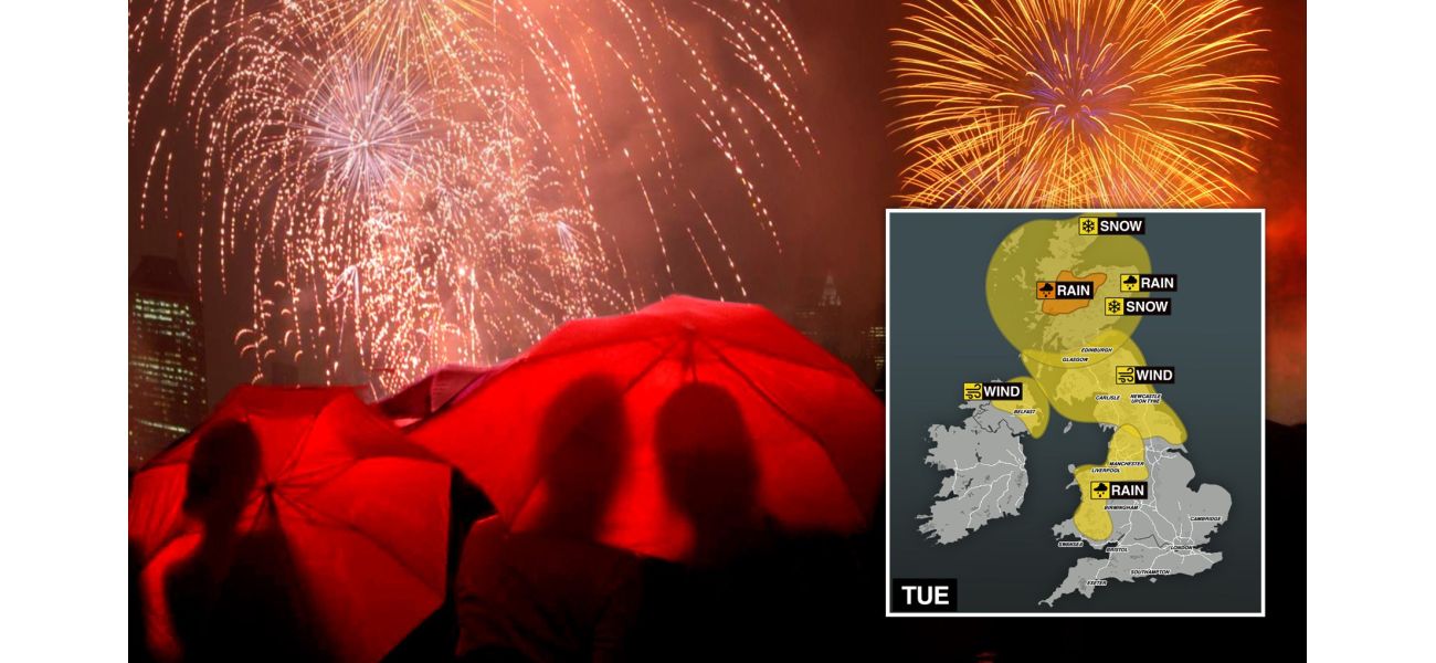 Weather map for New Year's Eve details UK wind, rain and snow locations.