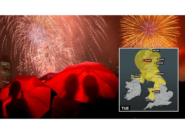 Weather map for New Year's Eve details UK wind, rain and snow locations.