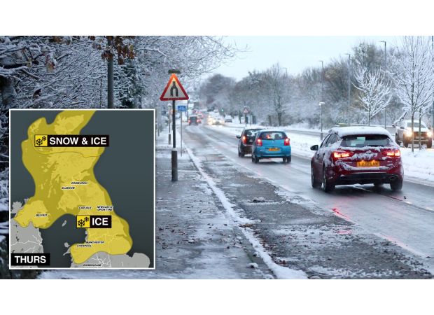 UK map shows locations expecting snow this weekend.