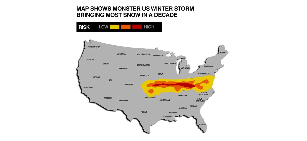 US winter storm brings record snowfall in a decade according to map.