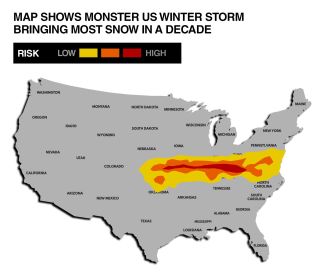 US winter storm brings record snowfall in a decade according to map.