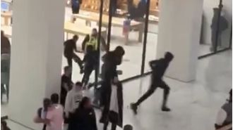 Panicked shoppers run as young people rob crowded Apple Store.
