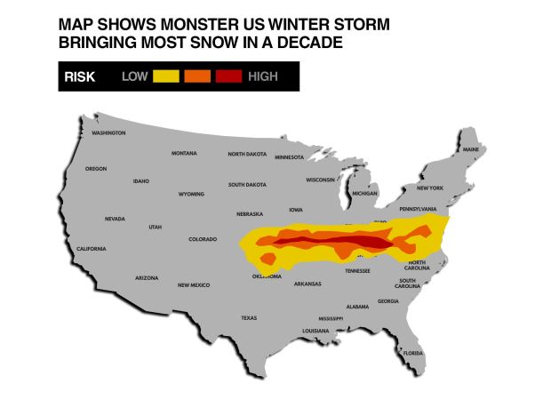 US winter storm brings record snowfall in a decade according to map.