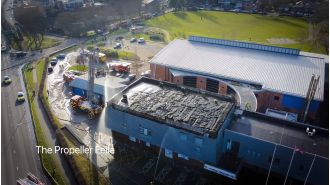 Footage from a drone reveals destruction of Maghull town hall after fire.