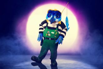 Davina McCall is surprised by the reveal of Kingfisher's true identity on The Masked Singer, causing her to fall down.